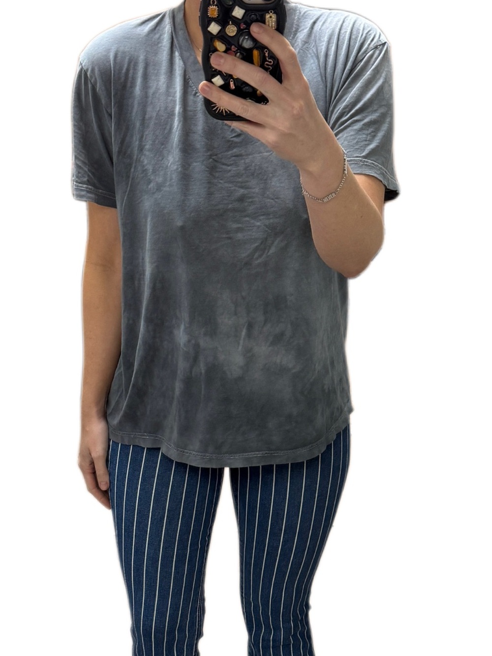 Vintage hand tie dyed 100% cotton Casual Washed Gray V-Neck Women's Tee Sz L